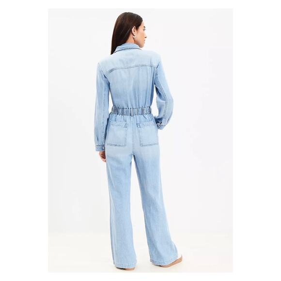 Loft Denim Straight Leg Jumpsuit Vintage Wash Elastic Waist Sz Petite Small - Picture 2 of 14